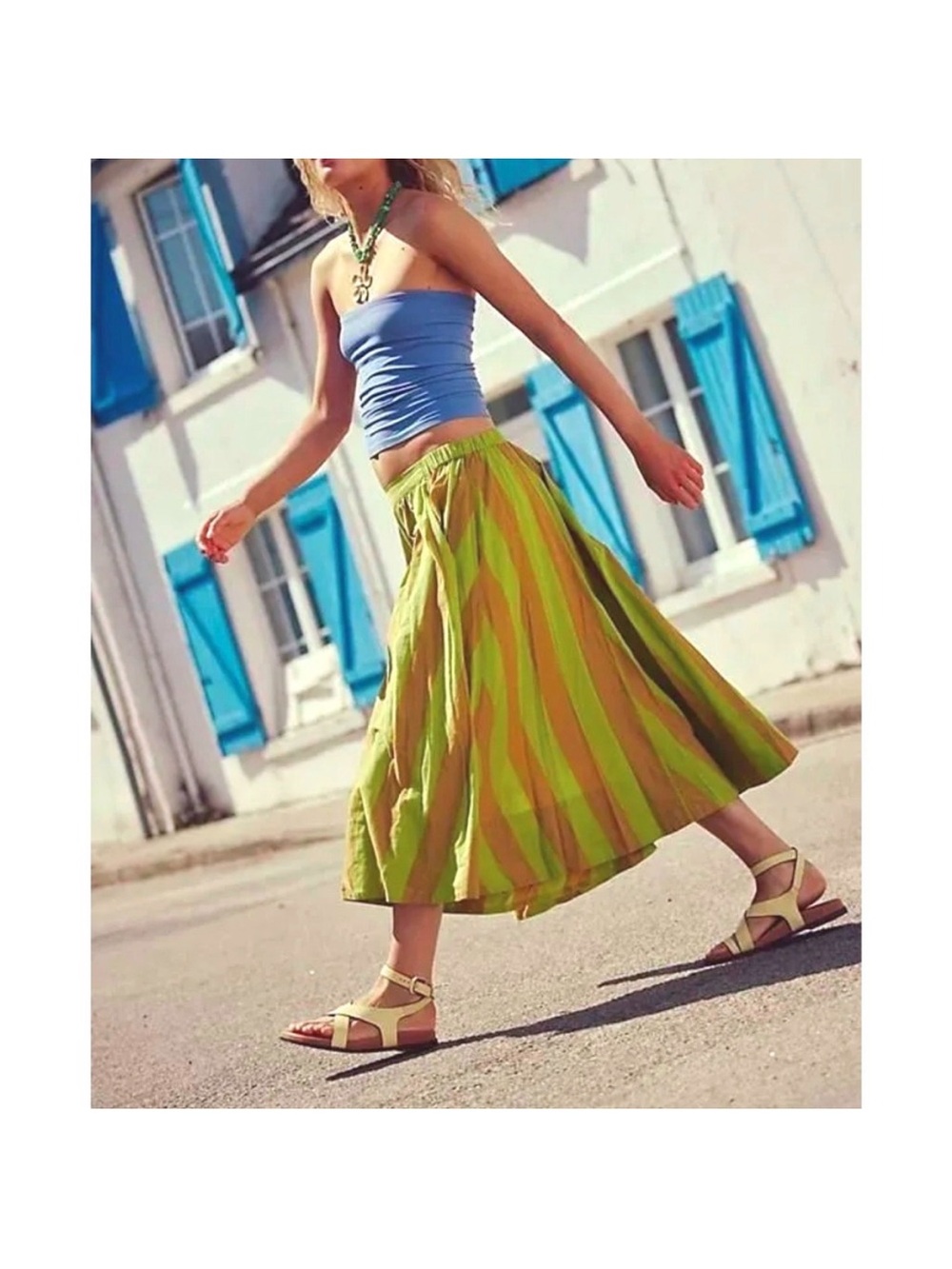 Free People Lime and Olive Striped Maxi Skirt